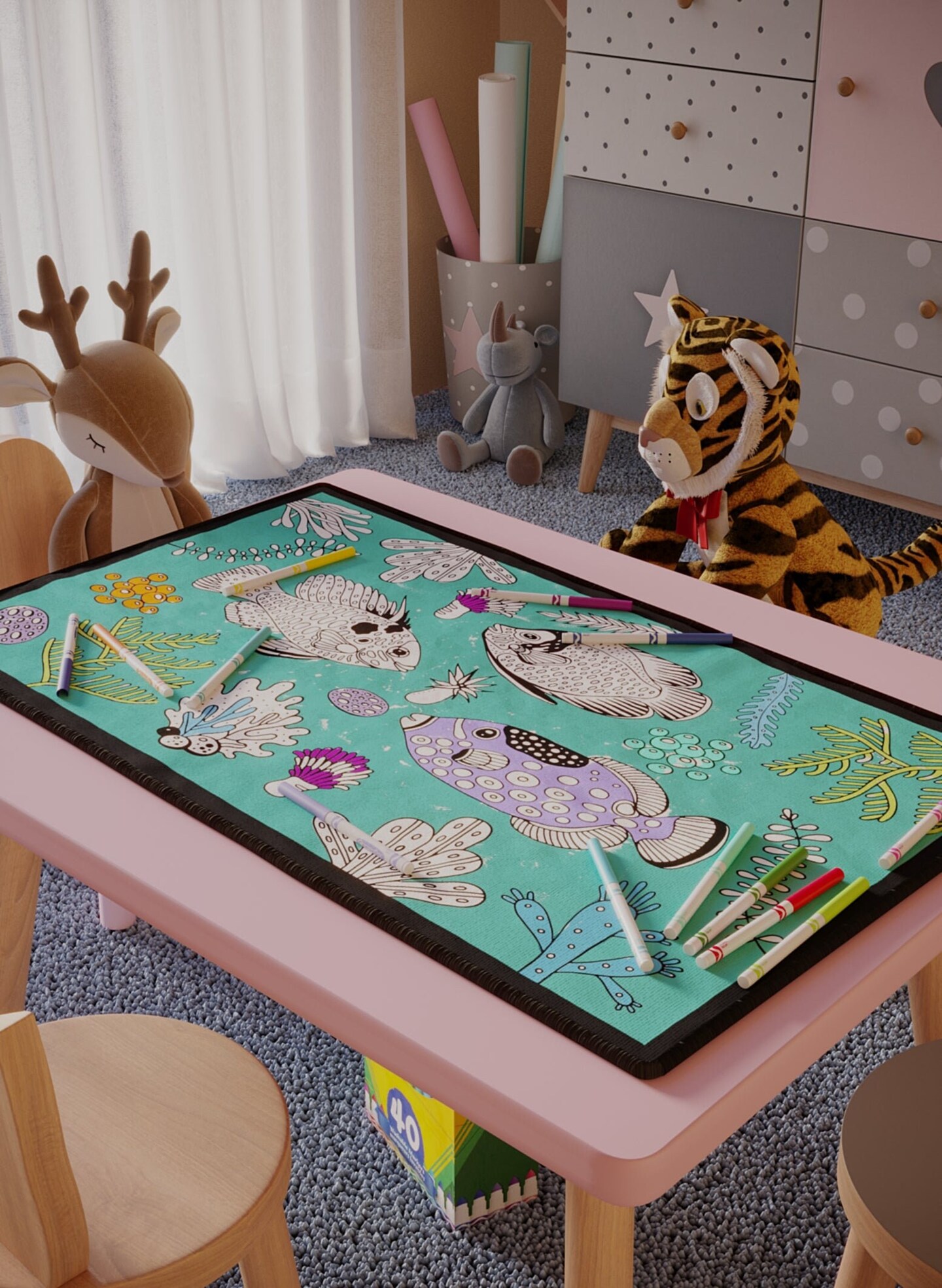 Coloring Ocean Playroom Decor Washable Rug Markers Playroom Art Fish Underwater Aquarium Sea Animals Kids Activities Rugs Coloring Book Page