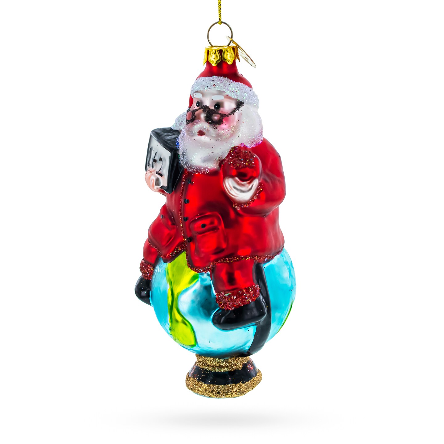 Teacher Santa on World Globe Glass Christmas Ornament