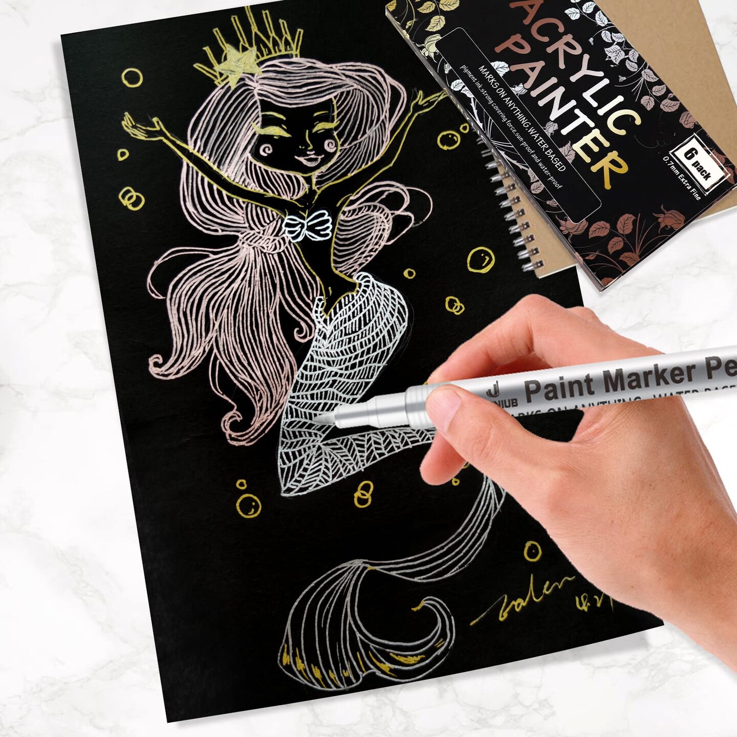 6 Pieces - Gold Paint Pens with Silver, Rose Gold Acrylic Paint Pens for Rock Painting, Wood, Fabric, Glass, Canvas, Scrapbooking, Card DIY Metallic Acrylic Marker (0.7mm)