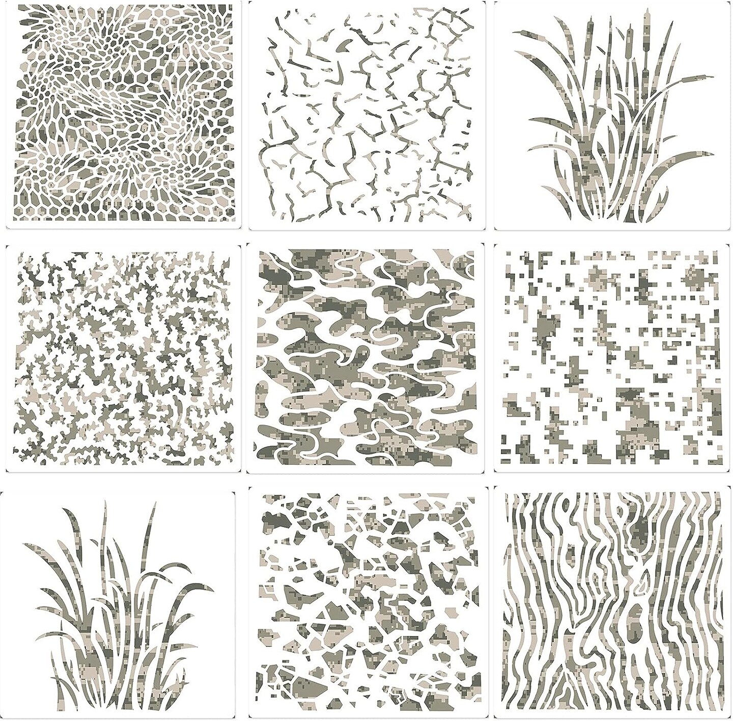 9 Pieces Camo Print Stencils Camouflage Painting Templates Reusable Grass Pattern Stencils Green Camo DIY Stencils for Scrapbooking Painting on Wood Crafts (6 x 6 Inch)