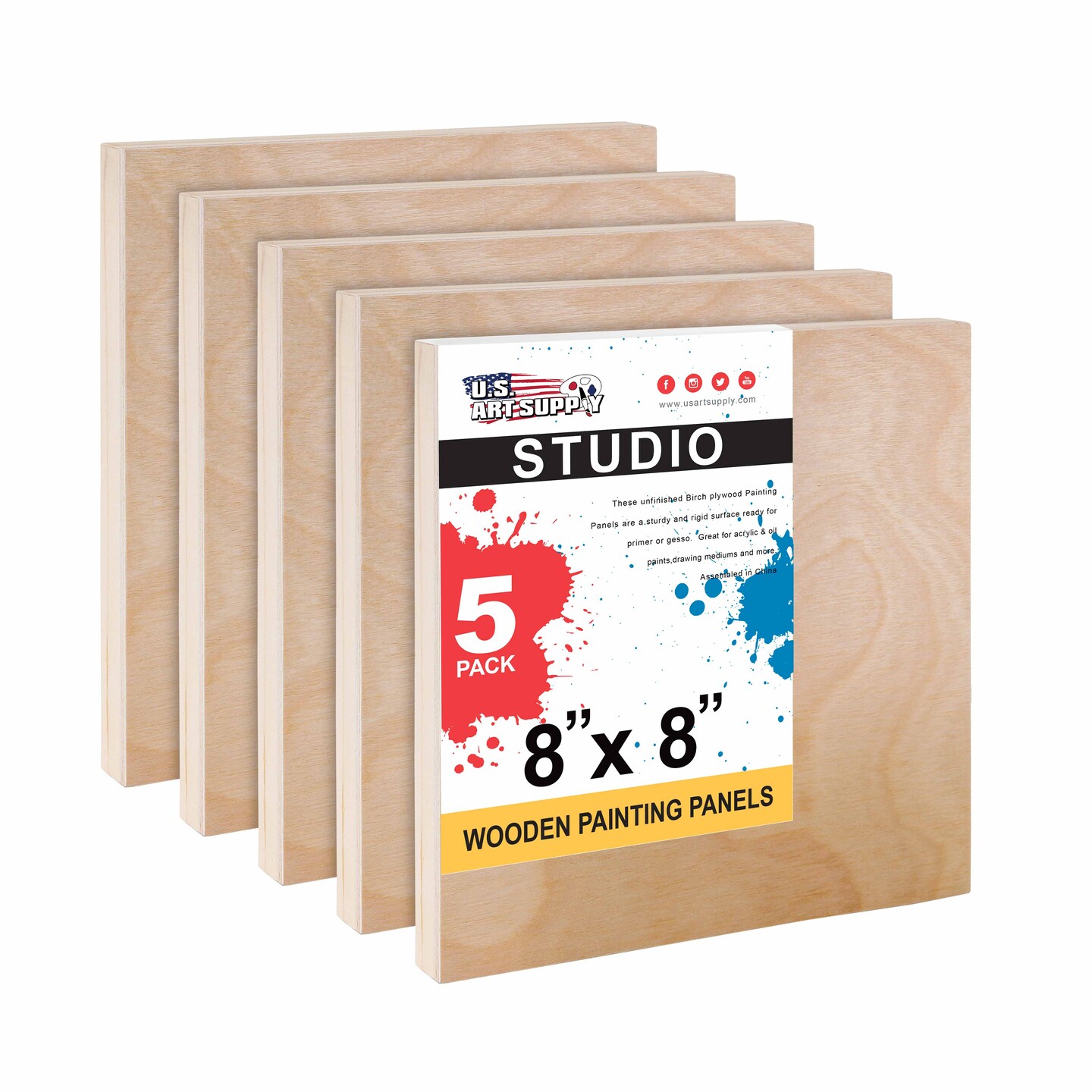 8&#x22; x 8&#x22; Birch Wood Paint Pouring Panel Boards, Studio 3/4&#x22; Deep Cradle (Pack of 5) - Artist Wooden Wall Canvases - Painting Mixed-Media, Acrylic, Oil
