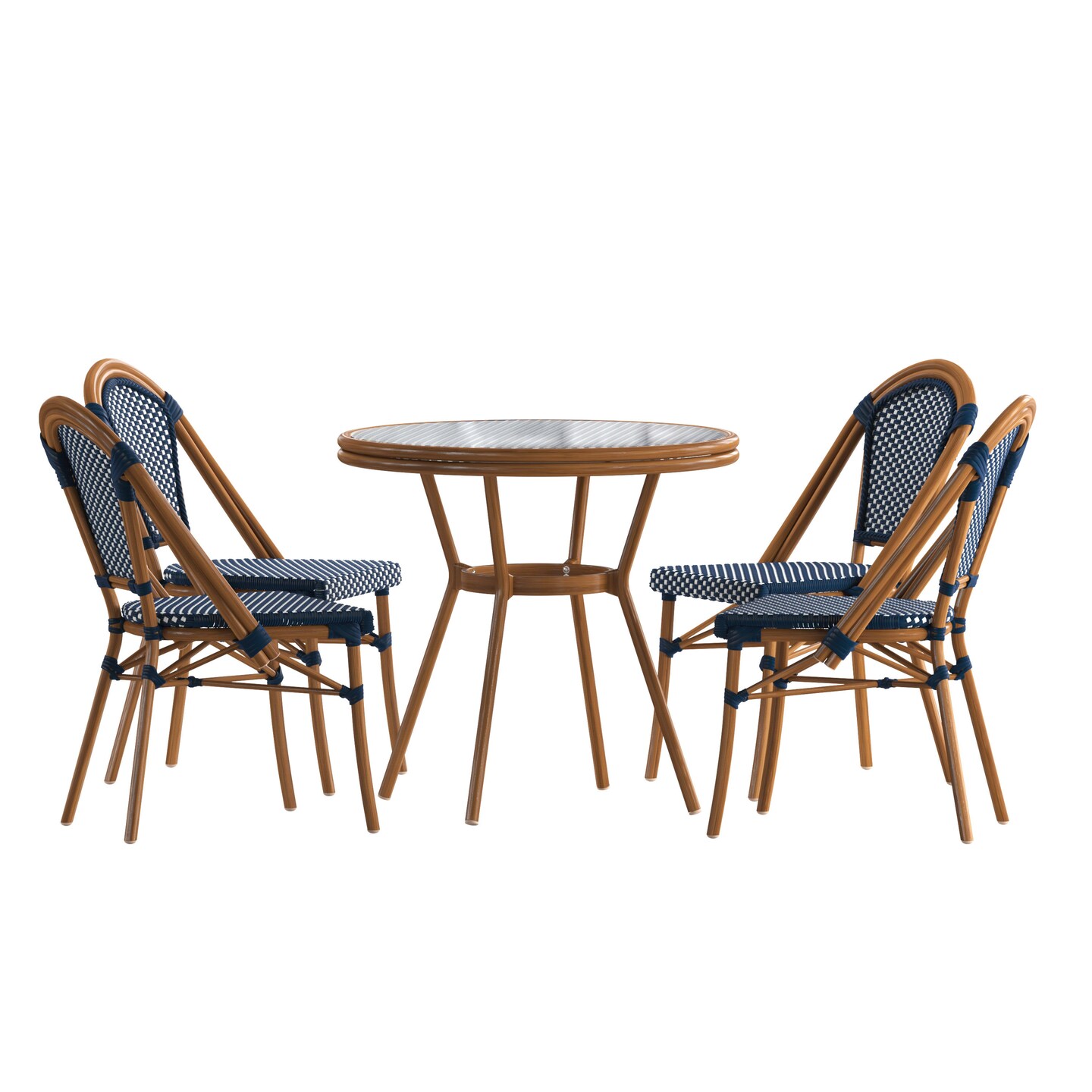 Merrick Lane Sacha Bistro Style Table with Glass Top, PE Rattan, 4 Stack Chairs, and Bamboo Finished Metal Frame for Indoor/Outdoor Use