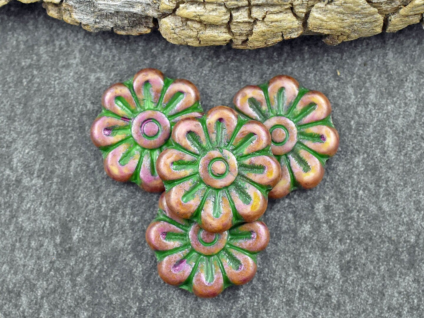 *6* 18mm Green Washed Rose Pink Alabaster Daisy Flower Beads