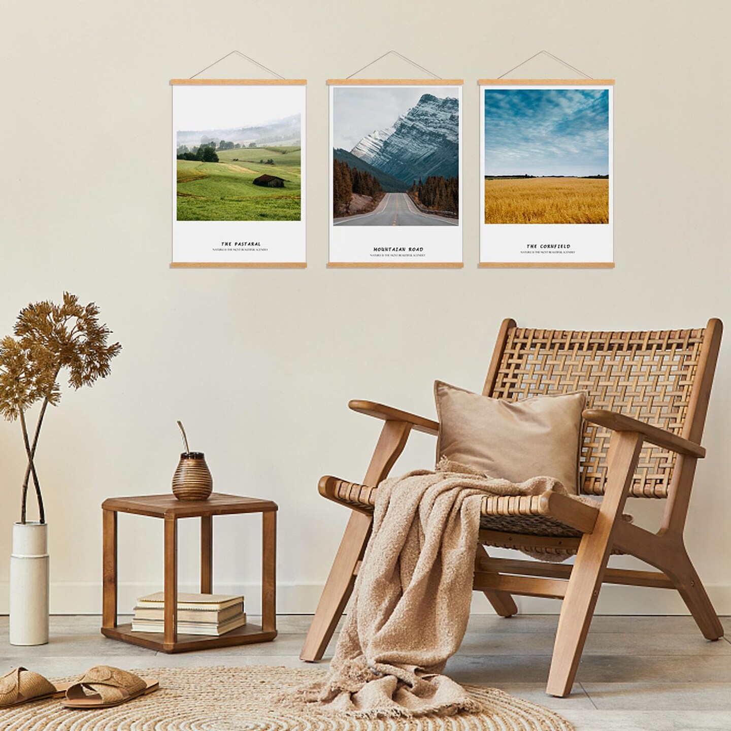 FALAMON 3 Pack Magnetic Poster Hanger Frame, Teak Wood Magnet Poster Frame for Posters, Prints, Photos, Pictures, Maps, Scrolls, and Canvas Artwork