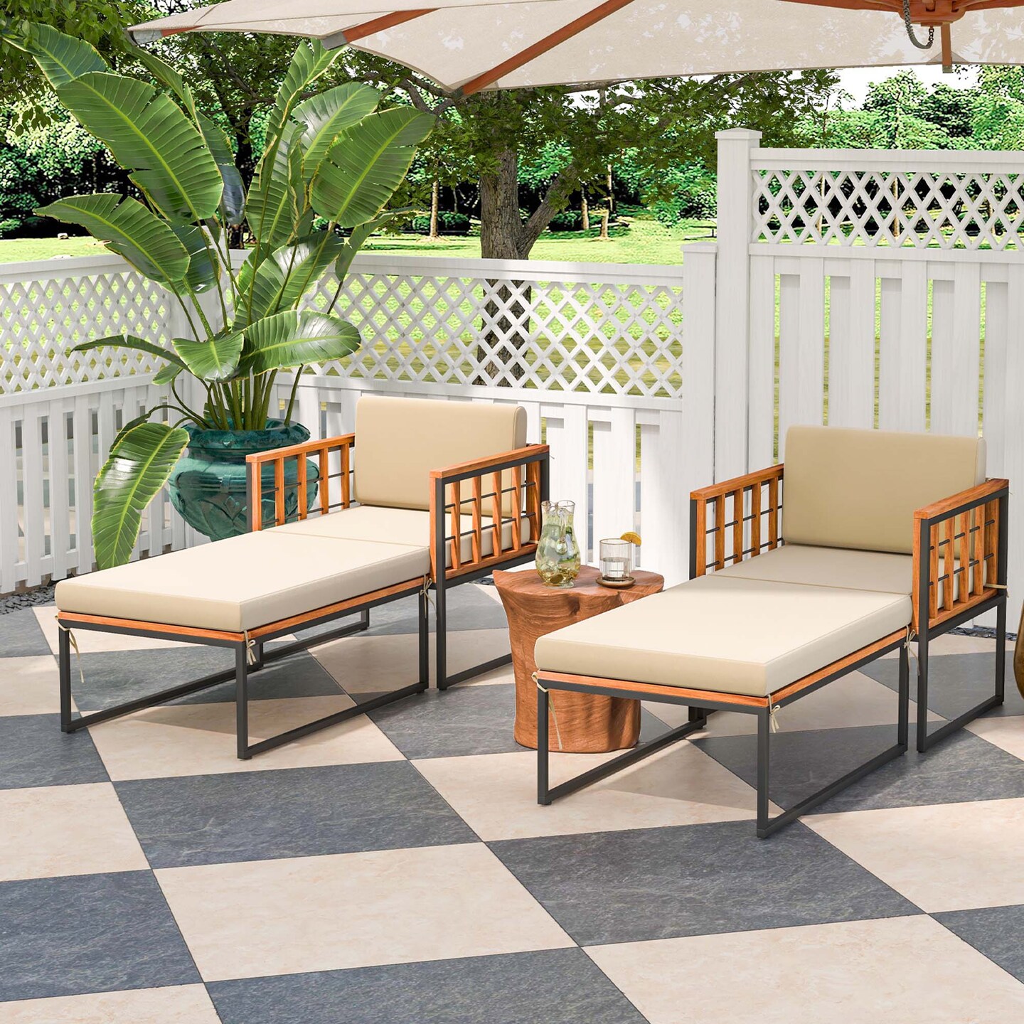 Costway 1/2 PCS Outdoor Furniture Set Patio Acacia Wood Armchair with Long Ottoman Cozy Seat