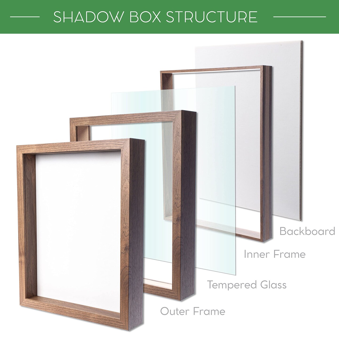 FrameWorks 8&#x201D; x 10&#x201D; White Wooden Shadow Box Frame &#x2013; Soft Felt Back, Tempered Glass, and Included Elegant White Ball Push Pins