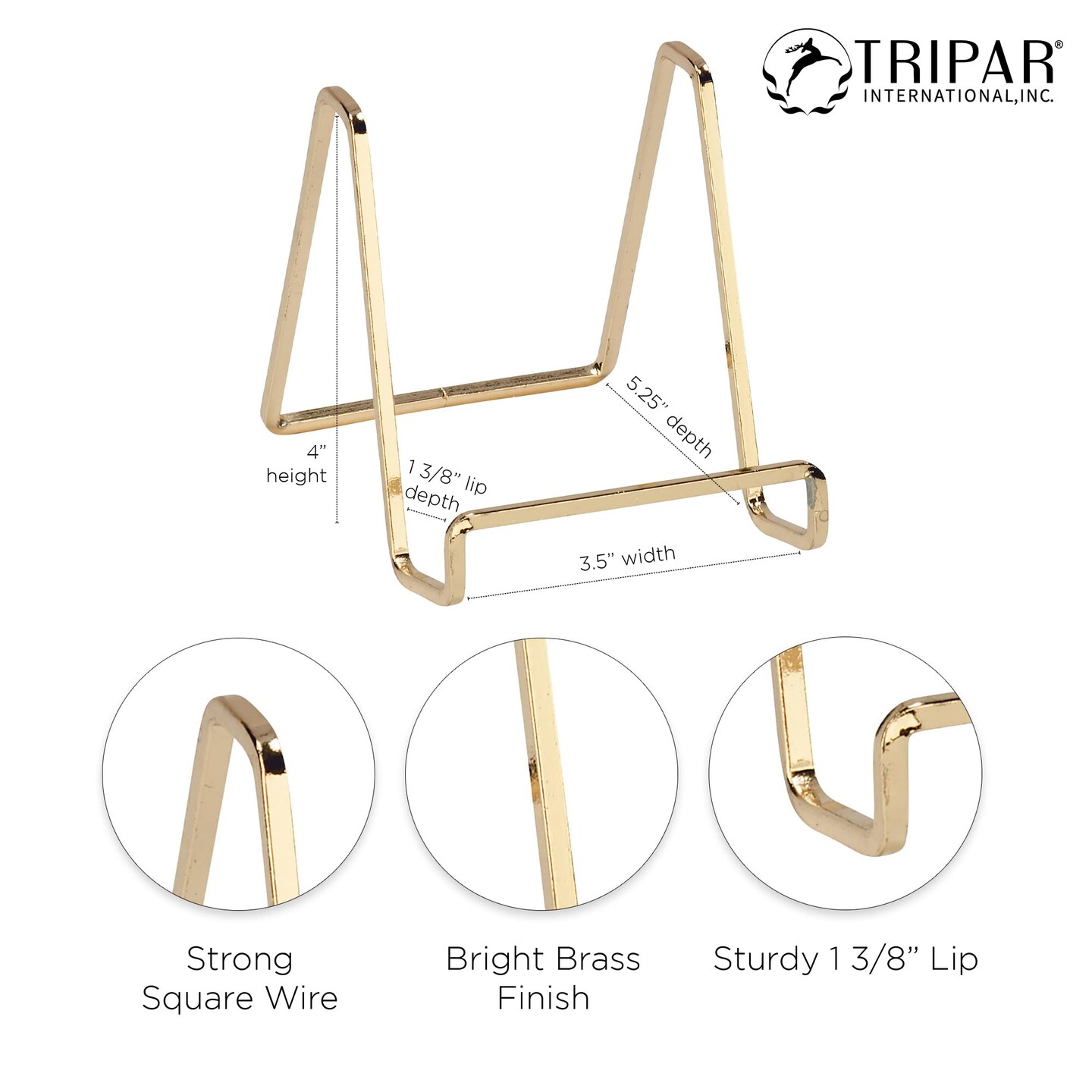 TRIPAR Square Metal Wire Stand, Brass Finish (4-Inch Depth) - Tabletop Easel Display - Handcrafted Edge Design For Sleek &#x26; Modern Look - Perfect for Books, Plates, Photos &#x26; More
