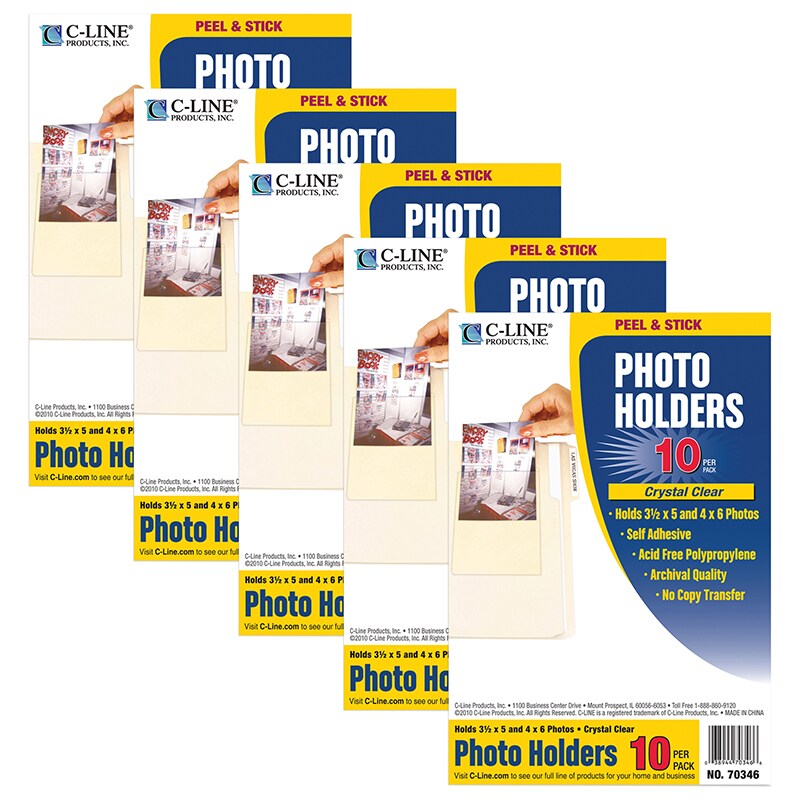 Peel &#x26; Stick Photo Holders, Clear, 4&#x22; x 6&#x22;, 10 Per Pack, 5 Packs