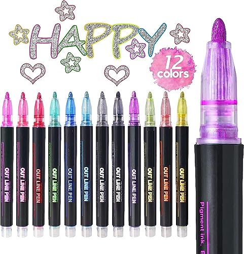 12 Pieces Metallic Double Line Outline Markers Glitter Pen Set for Rock Painting, Glass, Mug, Wood, Fabric, Canvas, DIY Craft with Fine Medium Tip