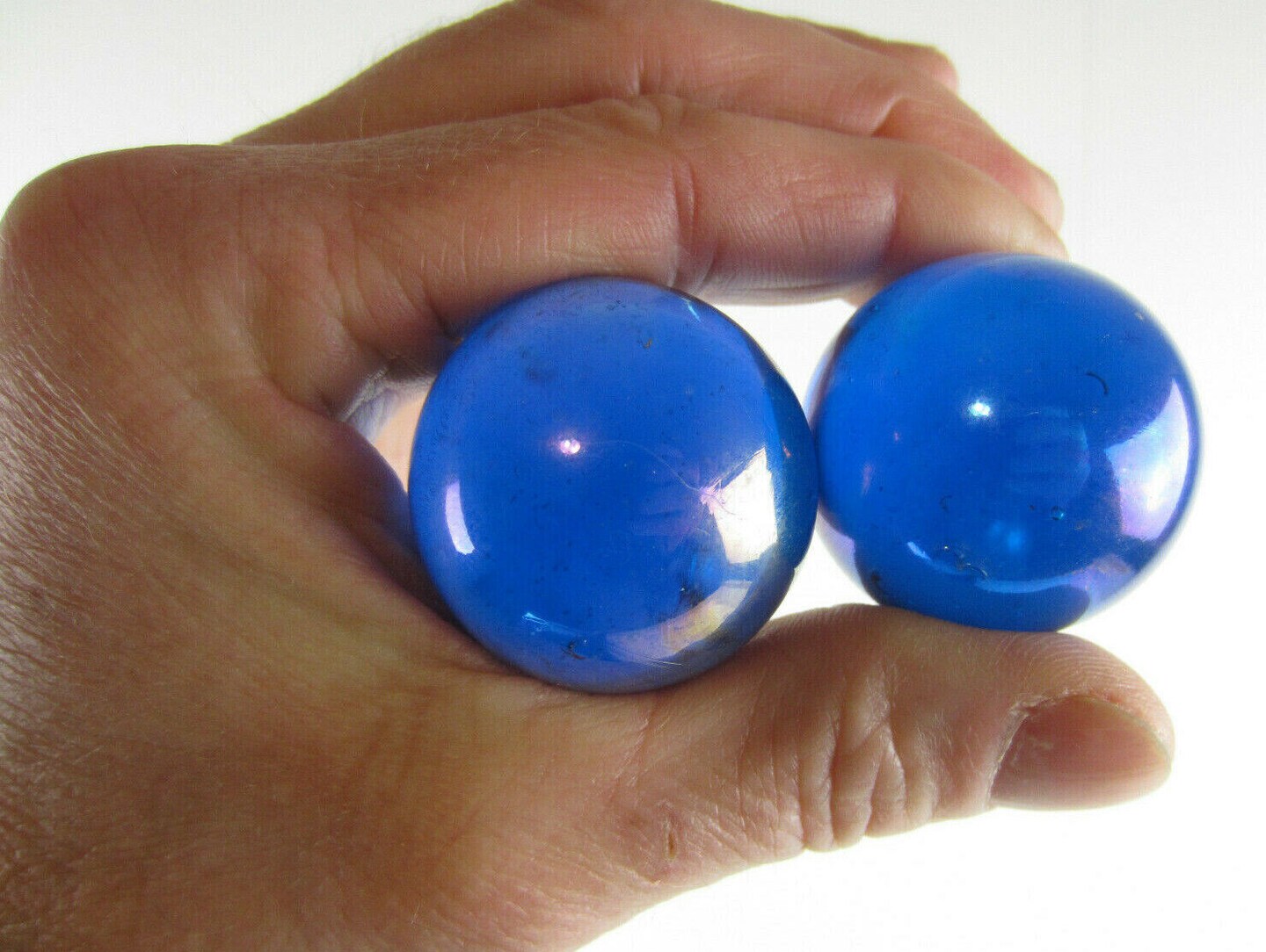 2 Boulders 35mm LUSTERED BLUE Iridescent Translucent Clear Metallic Marbles glass large