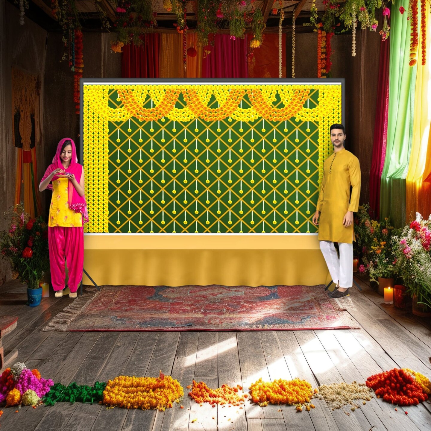 Marigold Backdrop Indian Traditional Cloth Backdrop 5x8 Feet Pooja Backdrop Indian Wall Art Photo Decor Banner Diwali Decor Wedding Backdrop Decorative Cloth Backdrop
