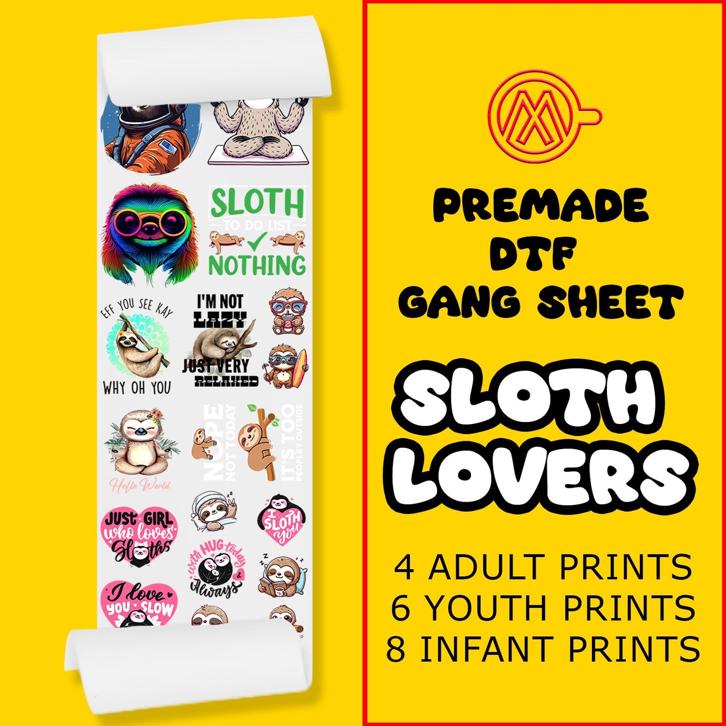 Sloth Lovers Direct-to-Film DTF Transfer Gang Sheets - 22x60