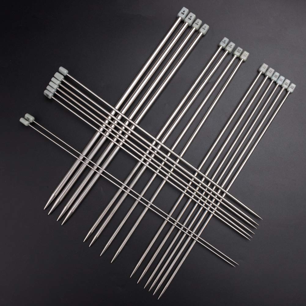 Knitting Needle Set, 22 Pieces 2mm(B)-8mm(L) Straight Single Pointed Stainless Steel Sweater Needles Set(11Pair-11 Size,9.8 inch) with Locking Stitch Makers Large-Eye Needles Measure Tape (36CM)