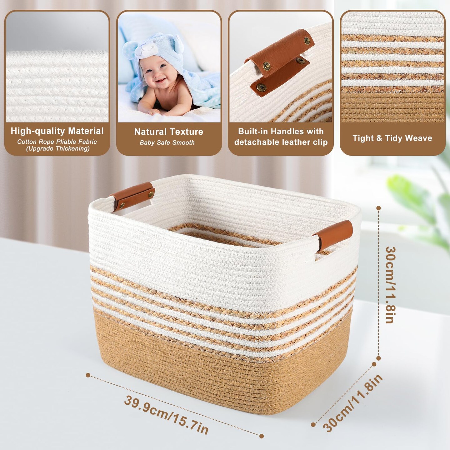 Woven Baskets for Storage Gifting, 15.7"x11.8"x11.8" Cotton Rope Basket with Handles Gift Storage Basket for Organizing Bins, Nursery Toy Laundry Blanket Basket for Living Room Closet Shelves