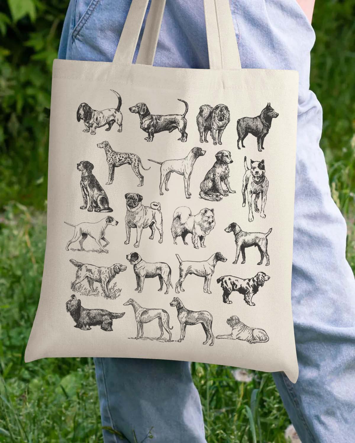 AUSVKAI Canvas Tote Bag Aesthetic for Women, Cute Trendy Dog Hand Drawn Reusable Cloth Cotton Bags with Handle for Grocery College Shopping Beach