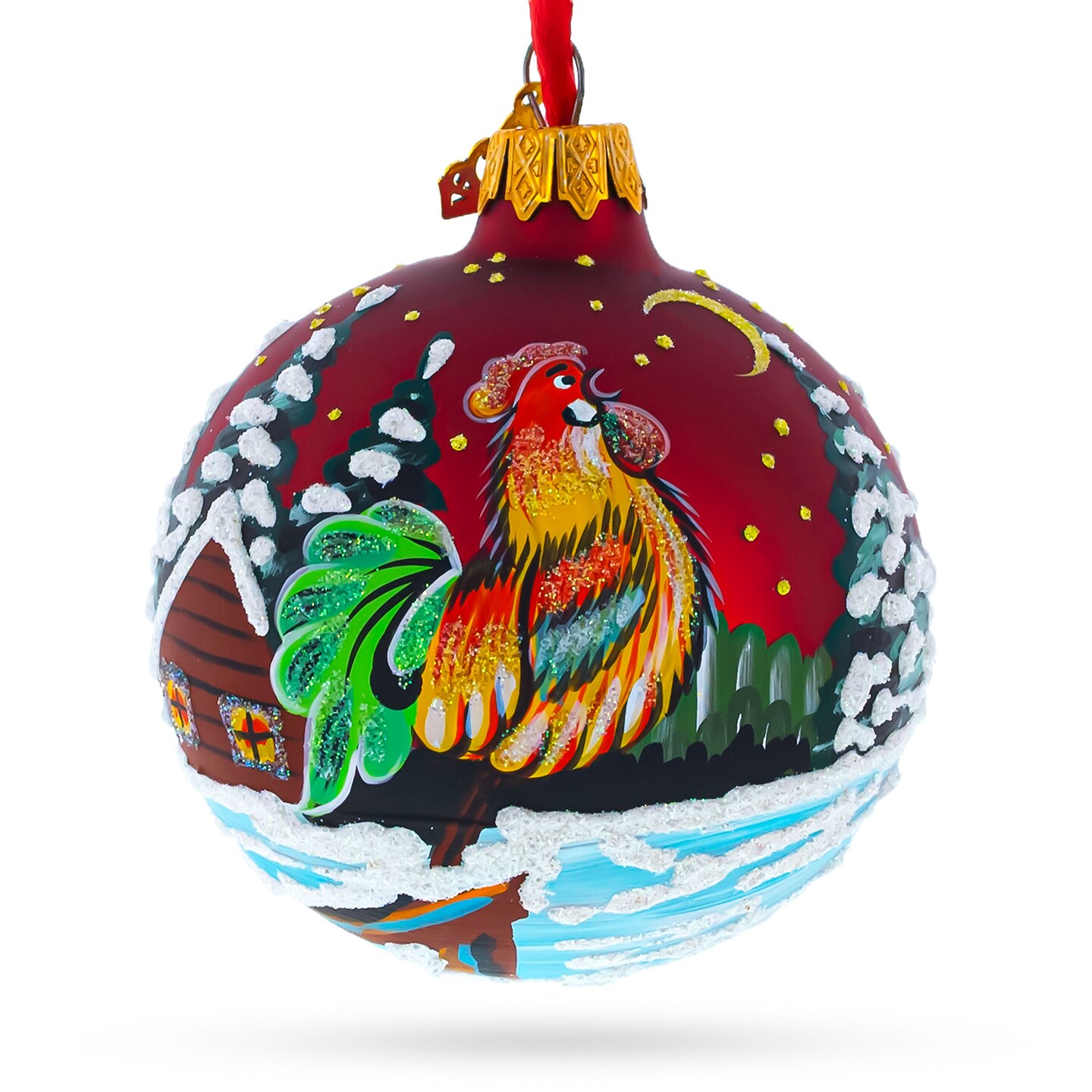 Vibrant Village Scene on Red Glass Ball Christmas Ornament 3.25 Inches