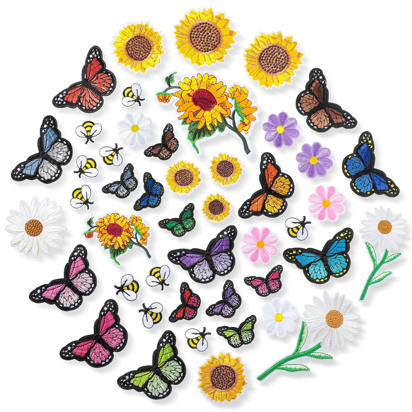 55 PCS Embroidered Flowers Iron on Patches Butterfly Sew on Patch Sunflowers Appliques Patches Bee Embroidered Patches Decoration DIY Craft Patches for Clothes Jackets Jeans Dress Pants Decor