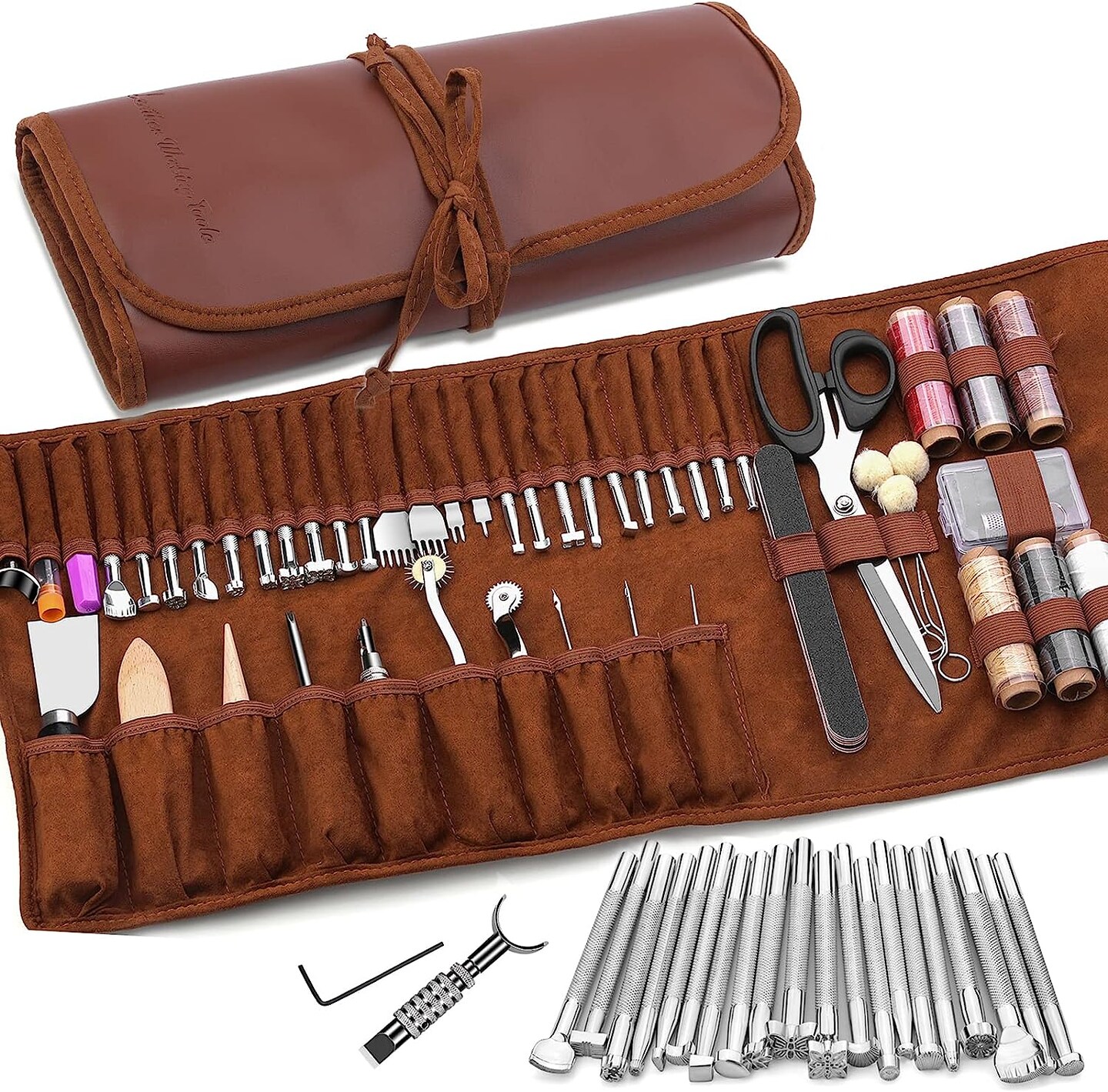 Leather Craft Tools Leather Working Tools Kit with Custom Storage Bag Leather Carving Tools Leather Craft Making for Cutting Punching Sewing Carving Stamping Leather Tooling Kit