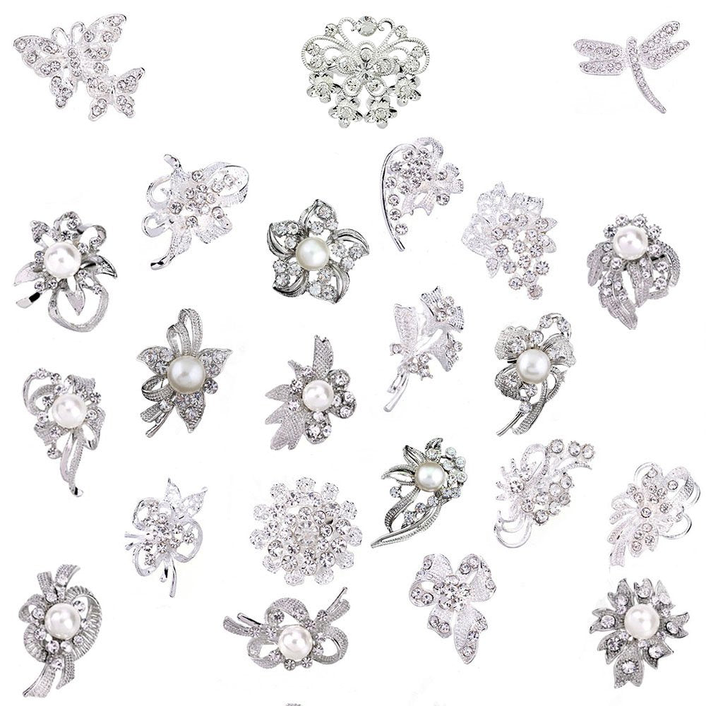 Ezing Lot 24pc Shining Rhinestone Crystal Brooches Pins DIY Wedding Bouquet Kit (A)