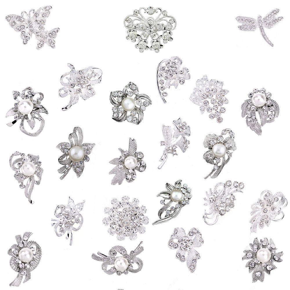 24 Pieces Shining Rhinestone Crystal Brooches Pins DIY Wedding Bouquet Kit (A)