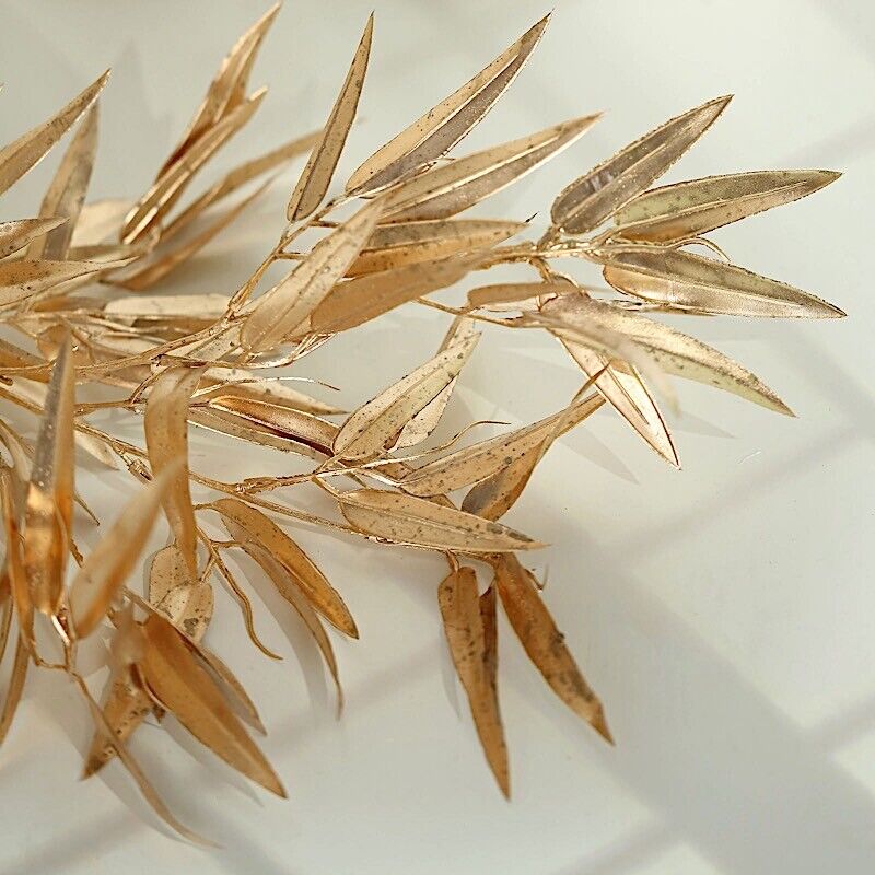 2 Gold 33&#x22; Artificial Bamboo LEAVES Branches Metallic Faux Greenery