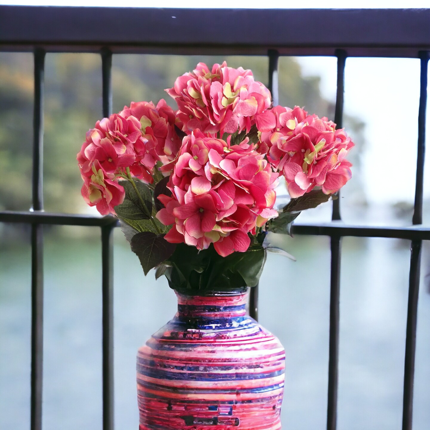 UV Fuchsia Hydrangea Bush with 7 Silk Flowers & Leaves by Floral Home®