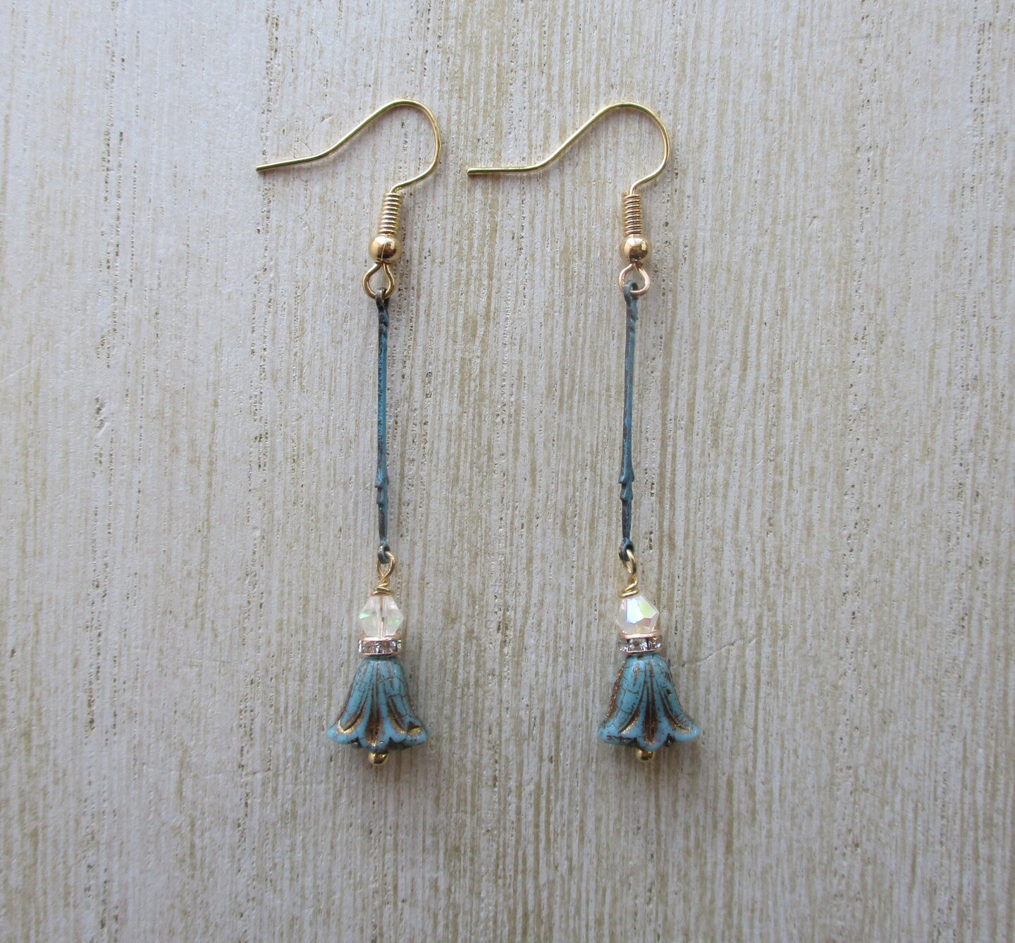 Handmade Blue Gold Czech Glass Lily Flower and Long Patina Connector Earrings 316981229769228288