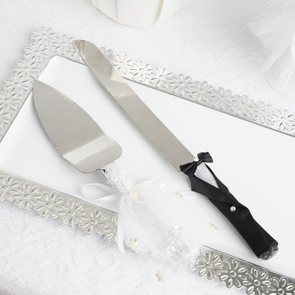 Silver Cake Knife and Server Set Groom Bride Handles Wedding Tableware