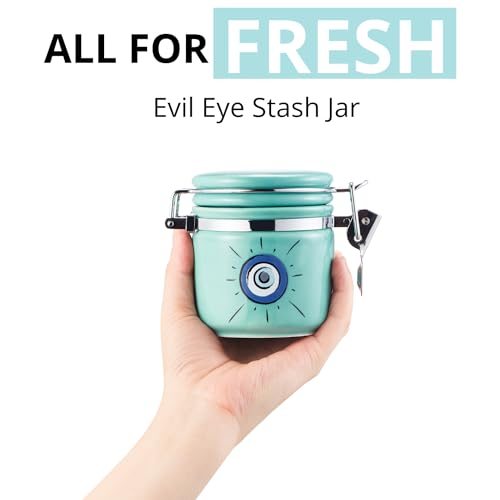 1 PCK Evil Eye Stash Jar Half Oz (250ml), Odor Smell Proof Jar Airtight Container Keep Herbs Fresh Storage, Stash Jar Air Tight Container Ceramic, Turkish Blue Eye Nazar Decor Witchcrafts Ritual Accessories