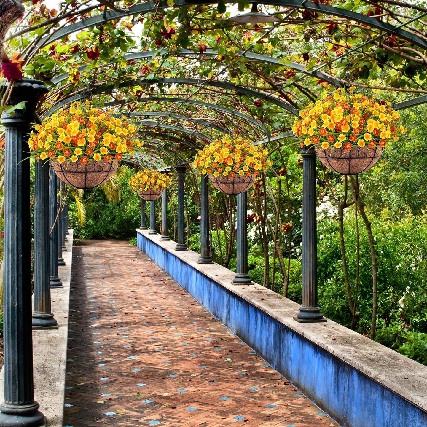 Everlasting Spring Charm: Artificial Hanging Flowers with Coconut-Lined Basket