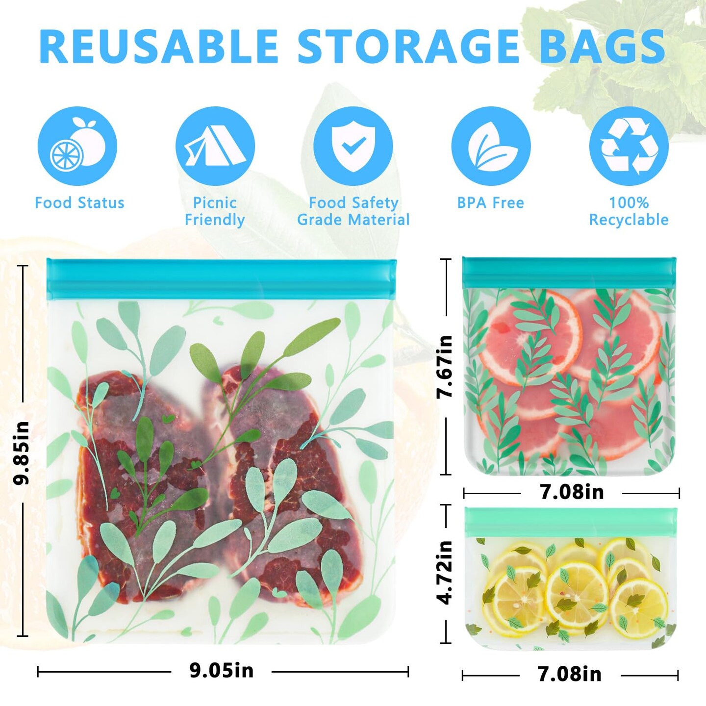 10 Pieces Dishwasher Safe Reusable Bags Silicone, Leak proof Reusable Freezer Bags for Food Storage Home Organization Traval &#x26; Make-up BPA FREE for Food Storage Home BPA FREE for Salad Fruit