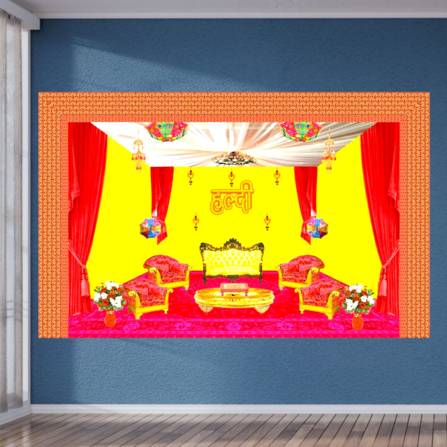 Haldi Ceremony Backdrop Indian Traditional Cloth 5x8 Feet Backdrop Haldi Banner Indian Wall Art Photo Decor Banner Indian Wedding Backdrop Decorative Cloth Haldi Stage Decor