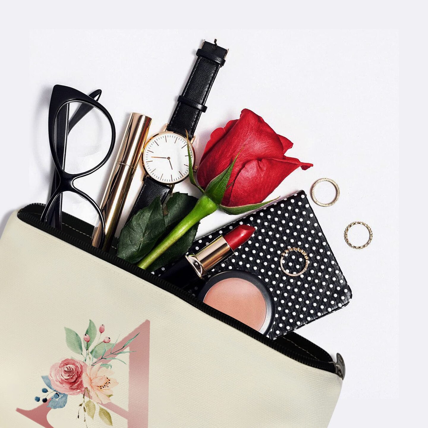 Initial Canvas Tote Bag with Zipper Pockets,Personalized Totes for Women Bridesmaids Teacher,Cosmetic Makeup Bag,Monogrammed Gifts for Wedding Birthday (Letter A)