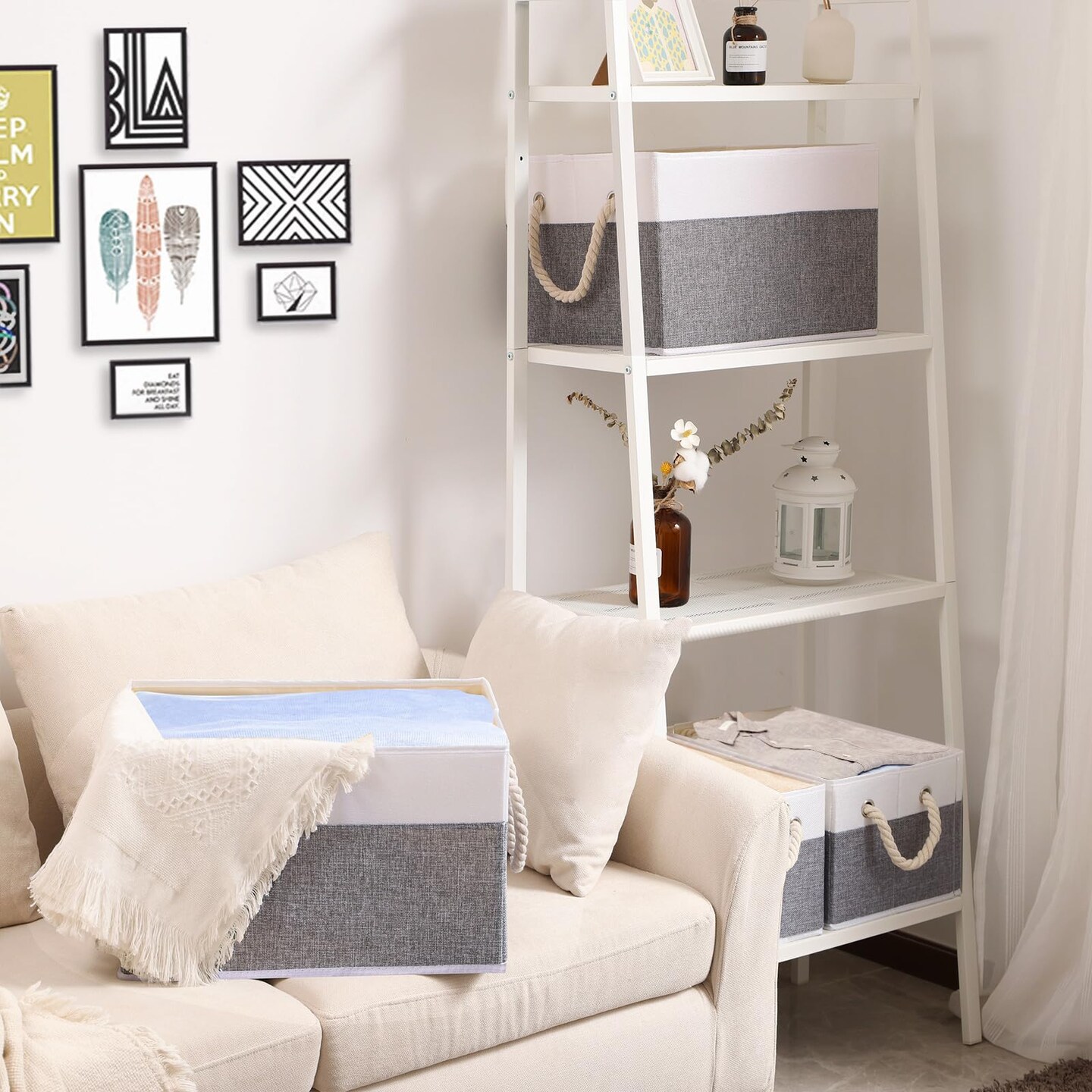 Foldable Storage Basket 1-Pack, Large Fabric Storage Bins with Rope Handle, Used for Organizing Shelves, Closets, Clothes Storage Box, 12.99''Lx9.05''Wx7.87''H, White/Grey