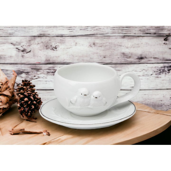 Ceramic White Birds Cup And Saucer Set 4 1/8 Inch