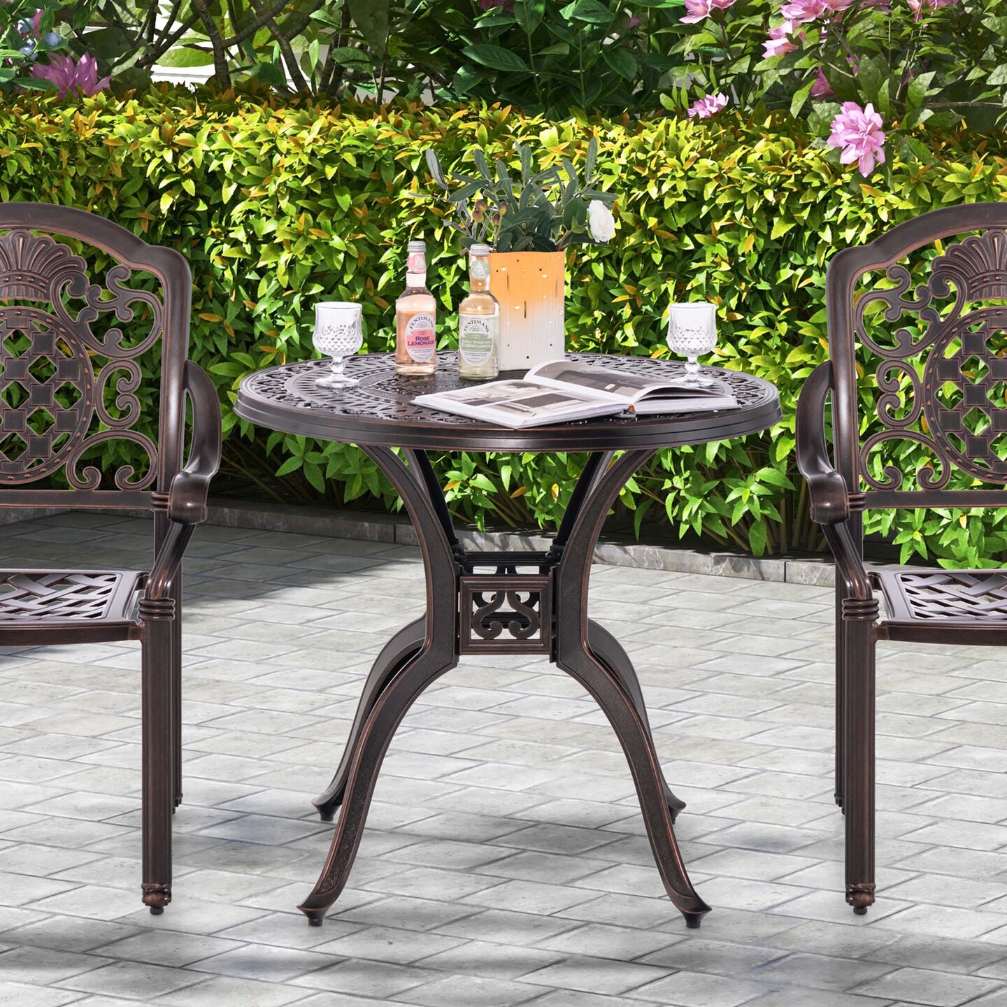 Costway 31.5" Cast Aluminum Table Patio Round Dining Table with 2" Umbrella Hole