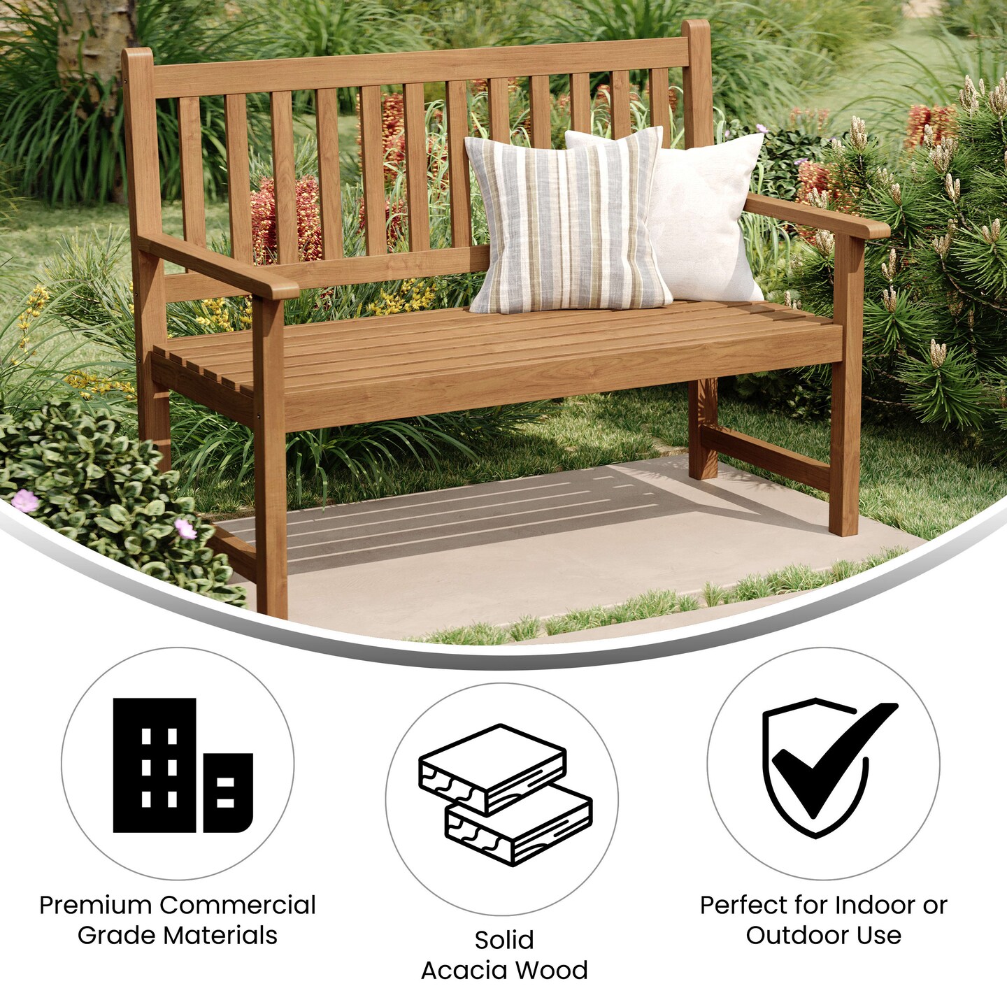 Merrick Lane Andover Indoor/Outdoor Patio Bench/Dual-Person Loveseat with Slatted Acacia Wood Design for Use in Sunroom, Backyard, Porch, or Garden