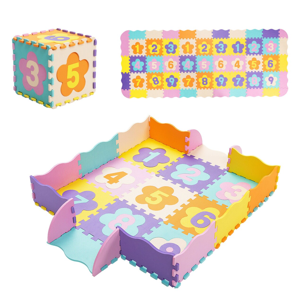 75 Pieces Baby Foam Interlocking Play Mat W/ Fence W/ Detachable Numbers