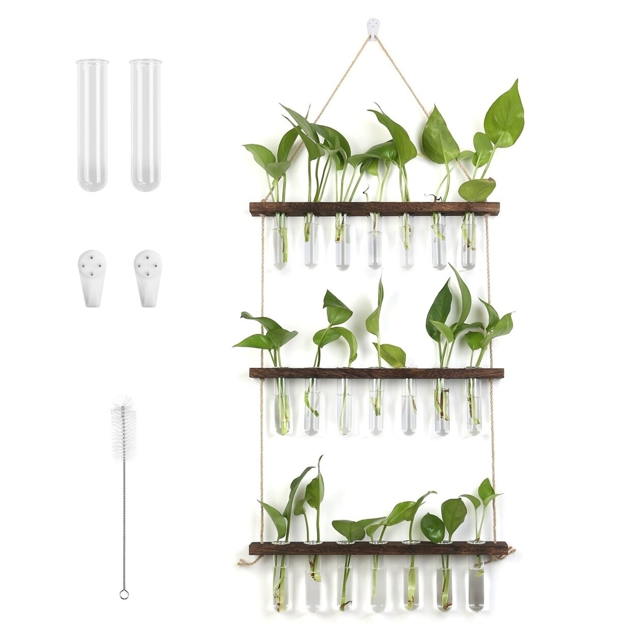 3-Tier Wall Hanging Planter Glass Hydroponic Vase Plant Flower Propagation Tube Planter Terrarium With Wooden Stand