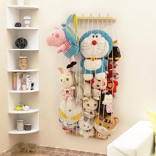 KSXLIUC Stuffed Animal Storage Wood Plush Toys Holder with Hooks, Length Adjustable Hanging Stuffed Animal Toy Organizer Shelf for Nursery Kid Room Play Room Bedroom