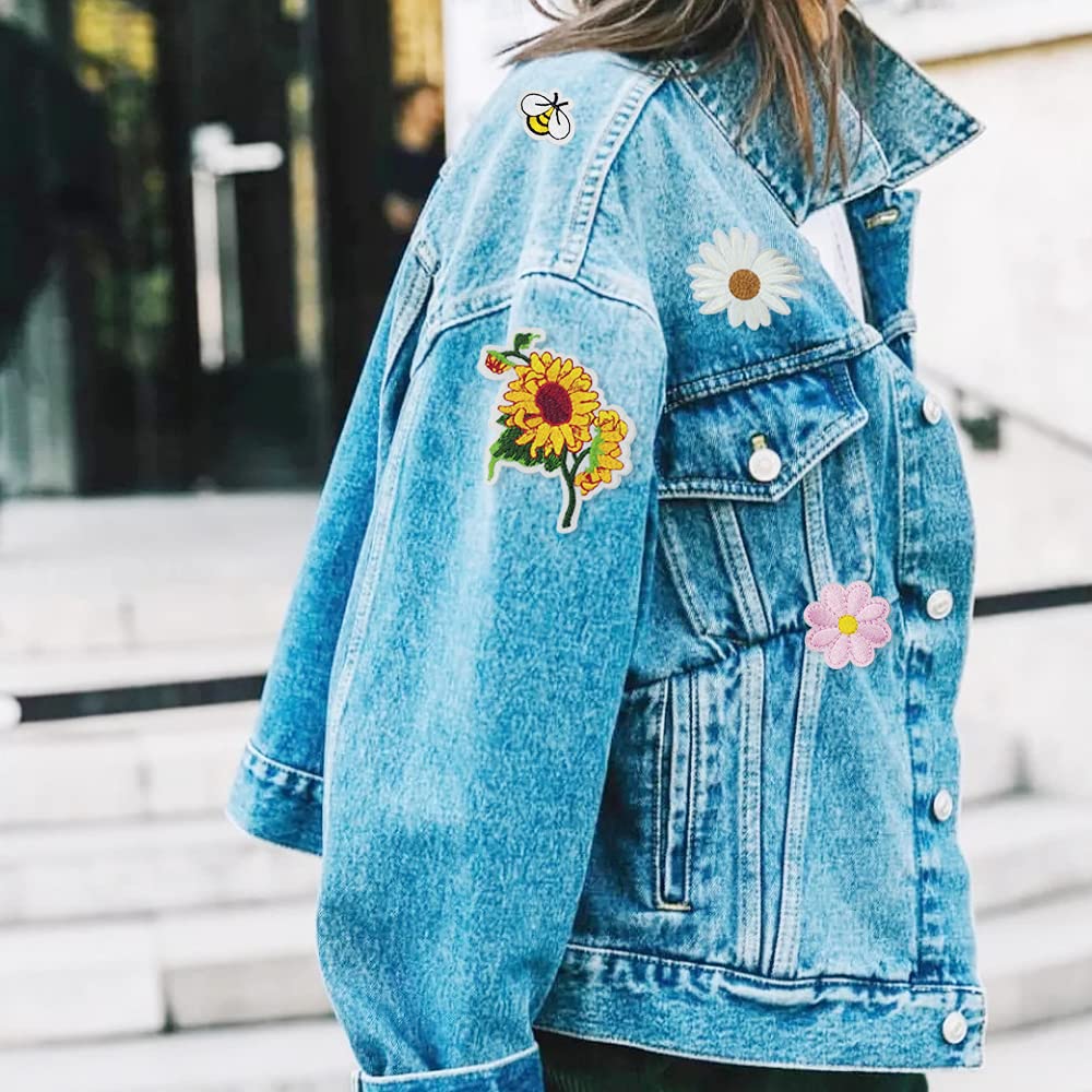 Embroidered Flowers Bee Iron on Patches 36pcs Cute Bumble Sunflower Daisy Patch for Clothing Sew on Embroidered Applique Decoration Sewing Patches for Bags Jackets Jeans Clothes DIY Patches