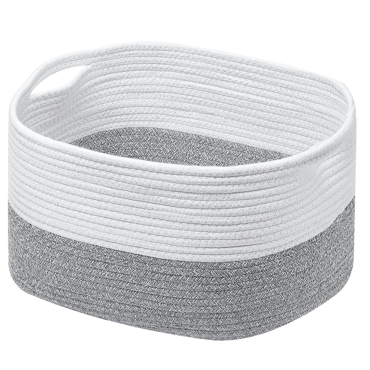 Storage Basket, Cotton Rope Woven Basket with Handles. Blanket Basket for Storing Clothes, Toys, Books, Shelves etc, 15&#x27;&#x27;L x 10&#x27;&#x27;W x 9.5&#x27;&#x27;H, Gray/Off White