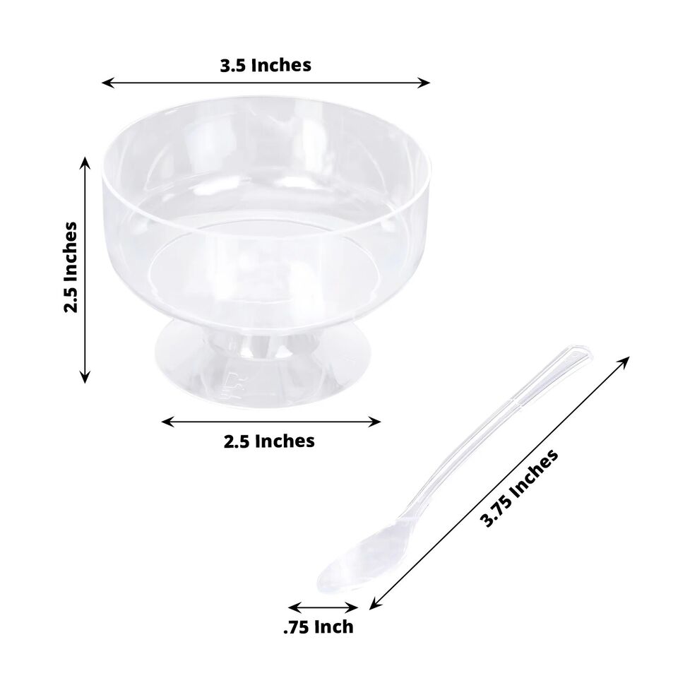 24 Clear 6 oz Disposable Footed Plastic Dessert CUPS SPOONS