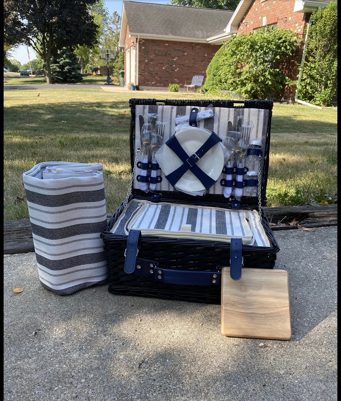 product name is Engraved Midnight picnic basket, custom anniversary gift, date night gift, gifts for couples
