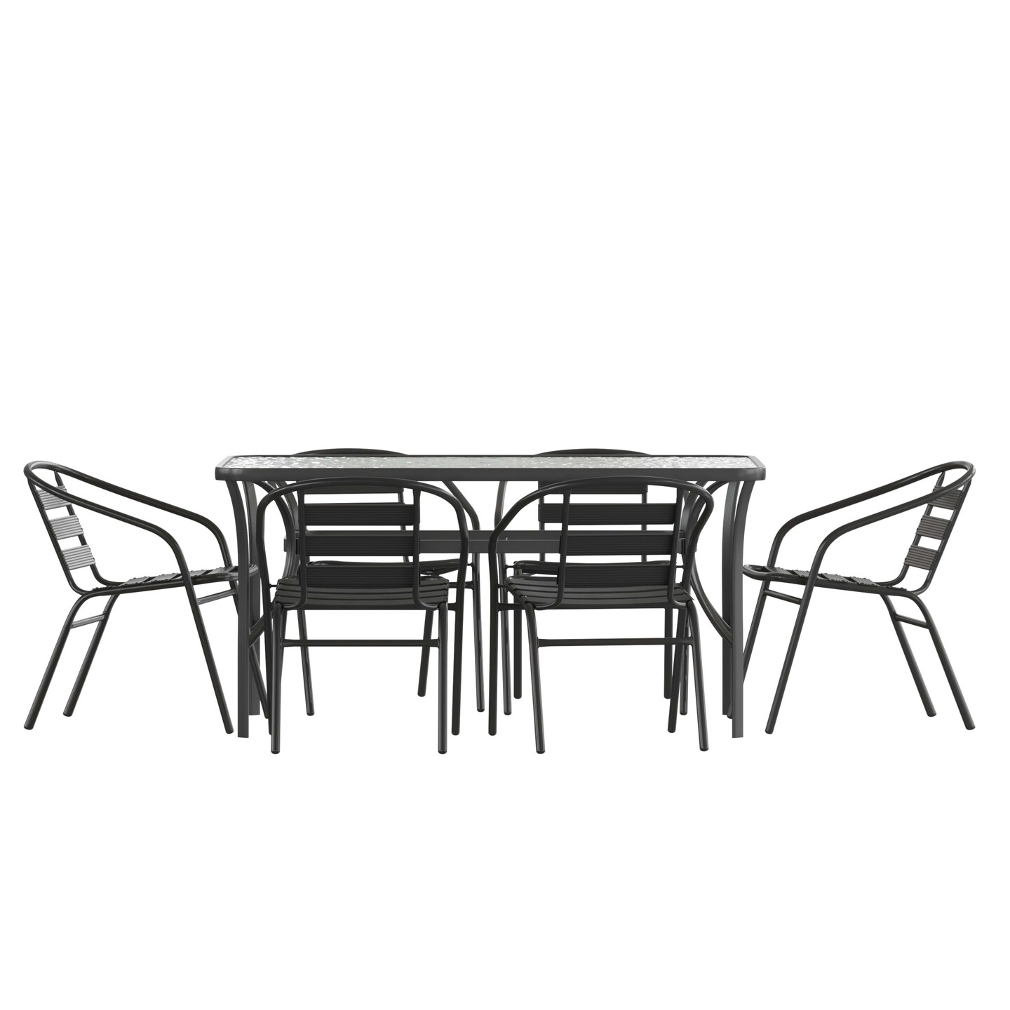 Merrick Lane Laney 7 Piece Outdoor Dining Set with Tempered Glass Patio Table, 6 Stackable Metal Slat Chairs