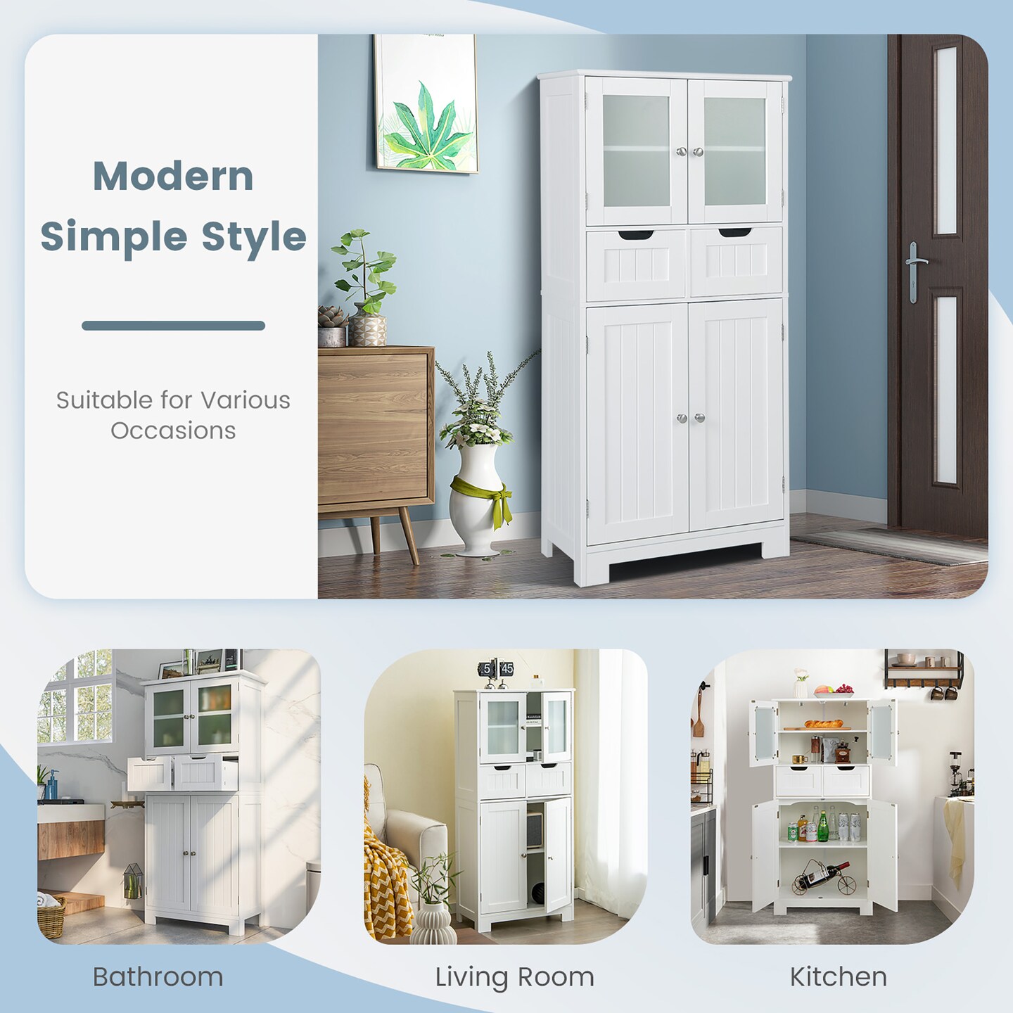 Costway Bathroom Floor Storage Cabinet Kitchen Cupboard with 2 Drawers &#x26; Glass Doors White