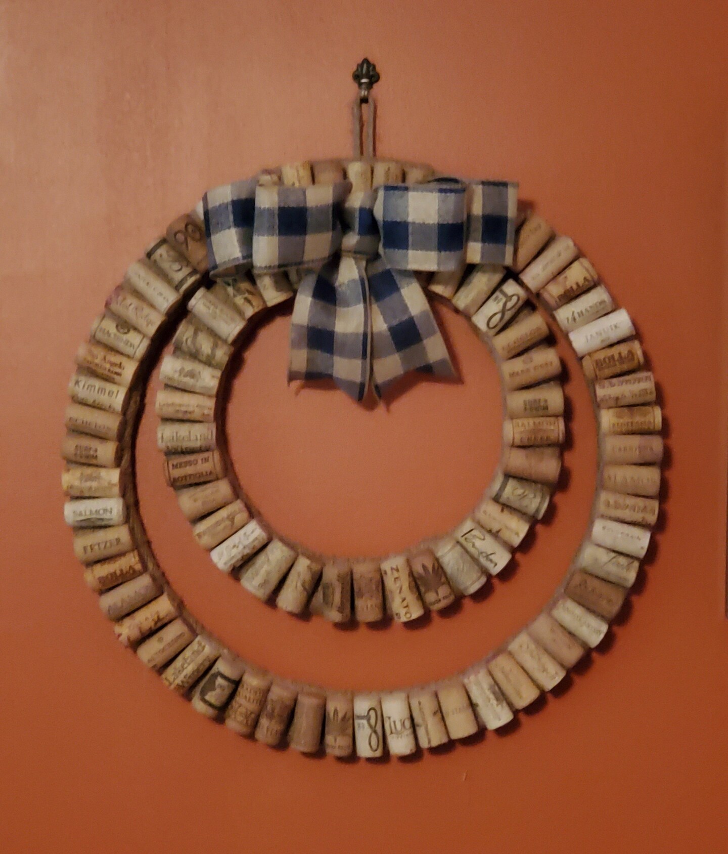Double Ring Wine Cork Wreath, 18", Handmade Buffalo Check Bow, Farm