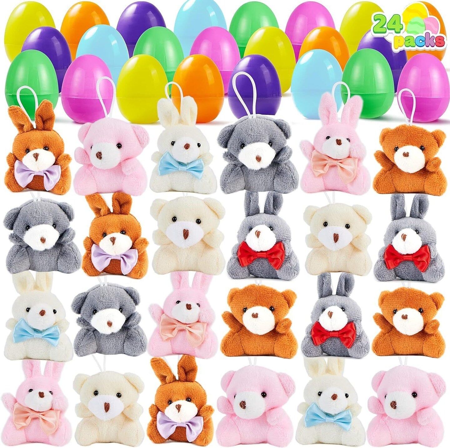 24 Pcs Pre-Filled Easter Egg with Plush Bunnies and Bears Plush Animal Keychain