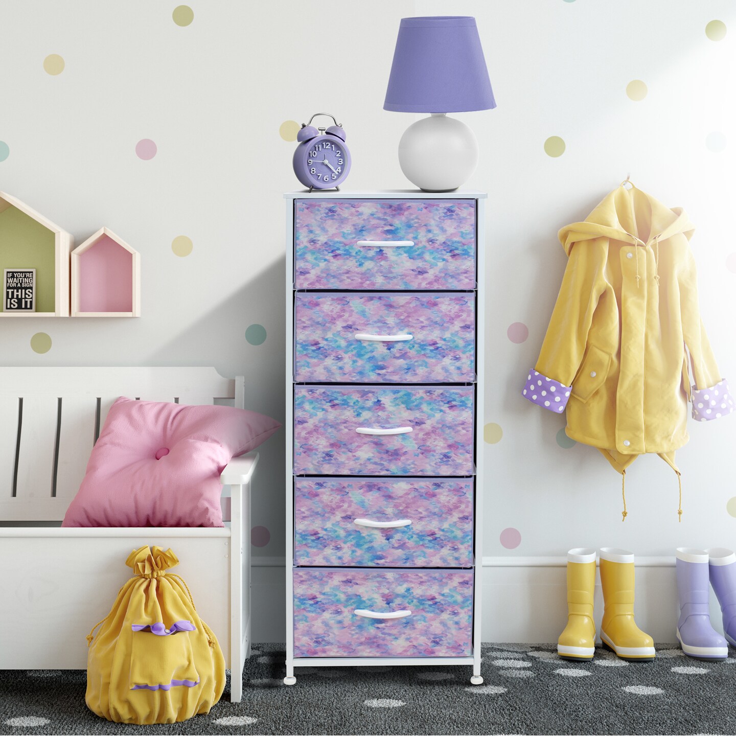Sorbus Narrow 5 Drawers Nightstand with Steel Frame, Wood Top, Easy Pull Fabric Bins for Home, Bedroom, Office & Dorm