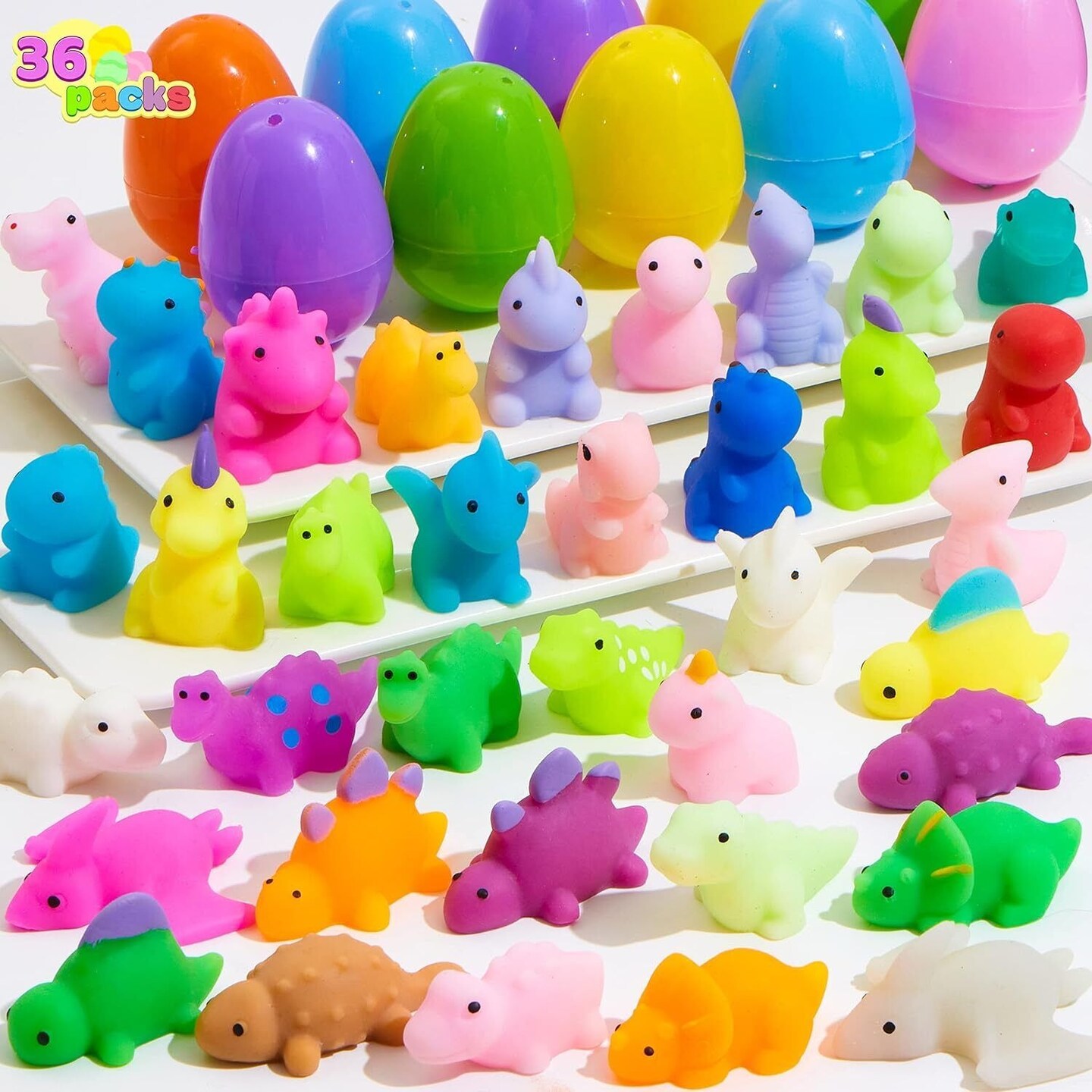 36 PCS Prefilled Easter Eggs with Dinosaur Mochi Squishy Toys for Easter Basket